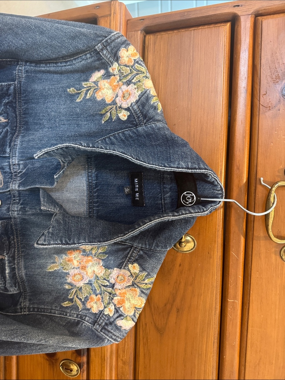 NEVER WORN..Miss Me Blue Denim Jacket with Yellow & Peach Floral Embroidery - Picture 5 of 8